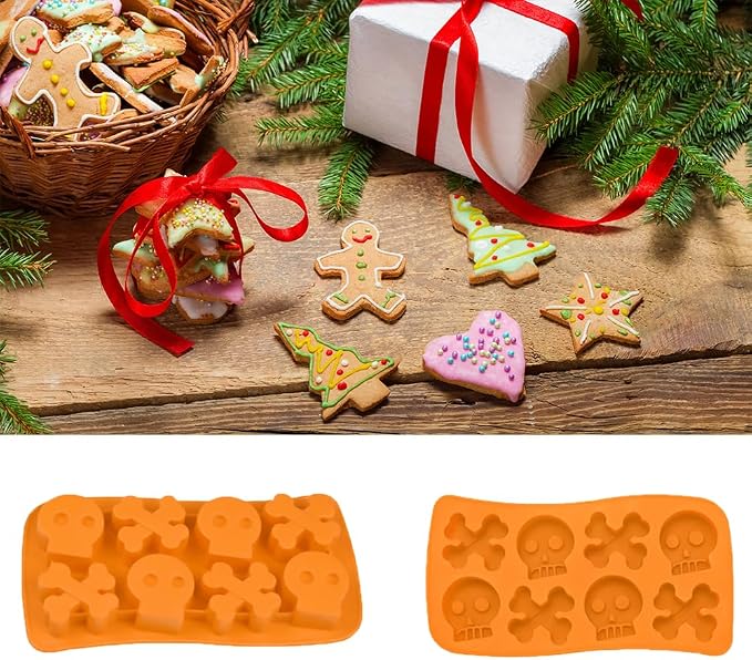 8 Cavities Silicone Cookies Biscuit Mold, Christmas Halloween Candy Mold, Reusable DIY Baking Mold Jelly Chocolate Mold, Ice Cube Tray Wax Melt Molds(Set of 2 Orange Skull)