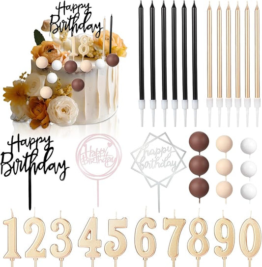 Yerliker 34 Pcs Happy Birthday Cake Toppers Decorations Birthday Candles DIY Cake Decor for Men Women Wedding Anniversary(Boho)