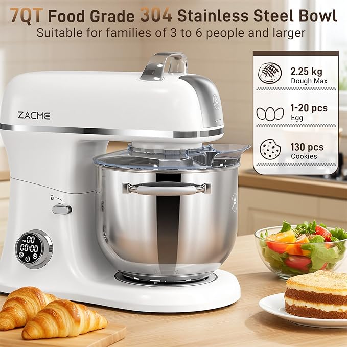 ZACME 7 Quart Stand Mixer Aluminum Die Casting, 650W 12 Speed Tilt-Head Kitchen Electric Stand Mixer, Household Food Mixer with Stainless Steel Bowl, Dough Hook, Whisk and Beater-Porcelain