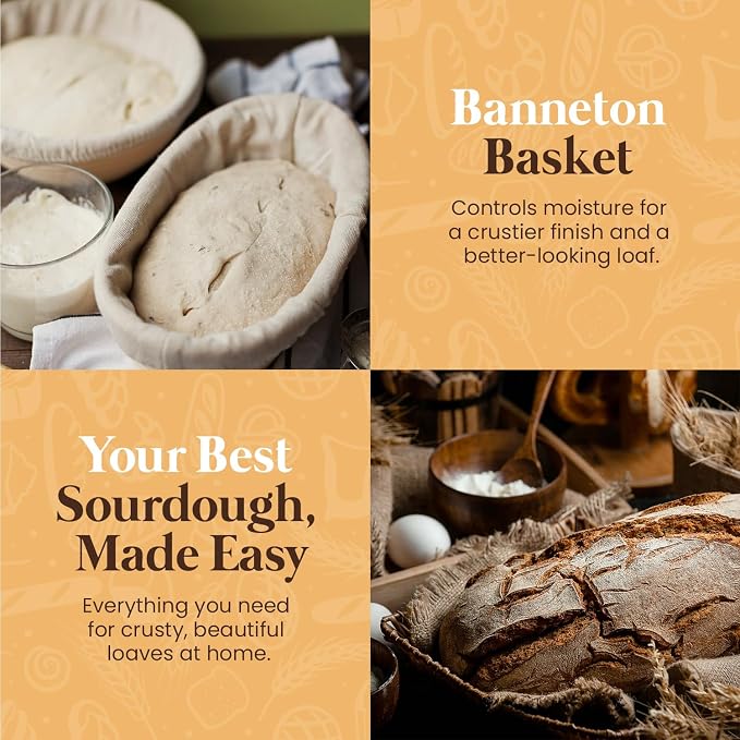 Sourdough Starter Kit with Round & Oval Banneton Bread Proofing Basket, Complete Sourdough bread baking supplies with Sling, Starter Jar, Dough Whisk, Scrapers, Stencils & Bags for Bakers Women Wife