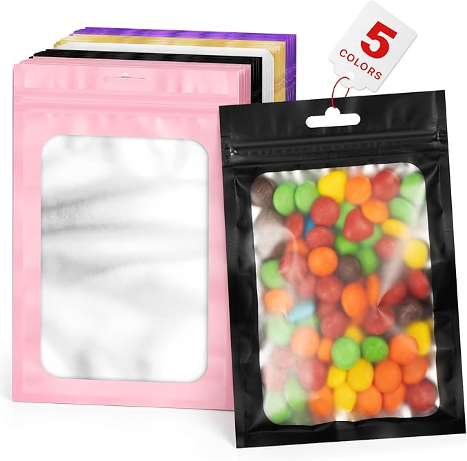 ANZNKU 100 PCS Multicolor Resealable Mylar Bags with Zipper and Frosted Clear Window, Packaging Bags Foil Pouch Bag for Food Self Sealing Jewelry Storage Supplies (7.08x10.24)