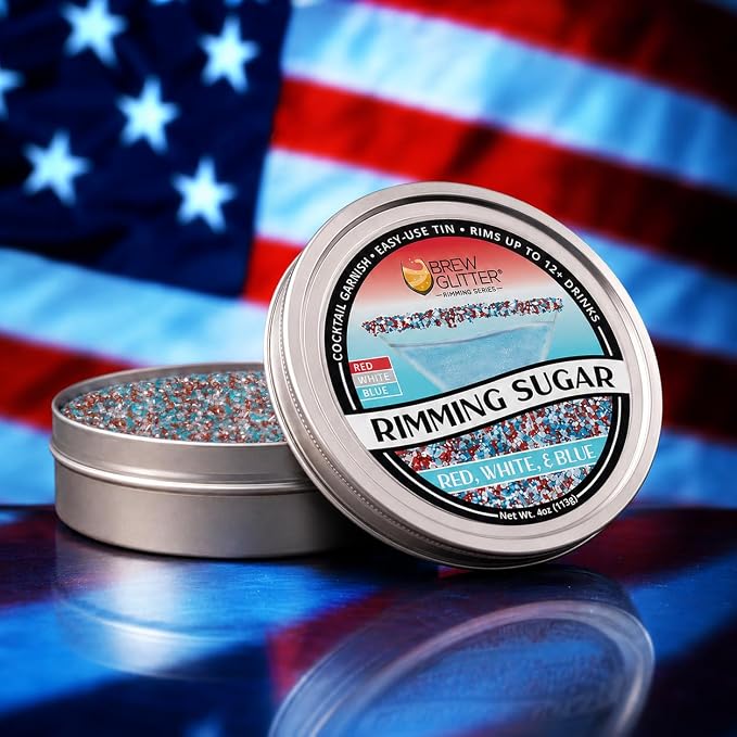 Brew Glitter Red, White & Blue Rimming Sugar (4oz, 1x Bar Tin) for Drinks, Cocktails, Beer, Garnish & Beverages for 4th of July, Indpendence Day, Memorial Day, Veterans Day, and America