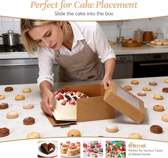 COTOPHER 14x10x6 In Sheet Cake Boxes, 16 Pcs Brown Bakery Boxes with Large Window (8 Boxes & 8 Boards), Cake Containers for Quarter Cakes, Donuts, Cupcakes, Brownie, Pastry & Pies Packaging