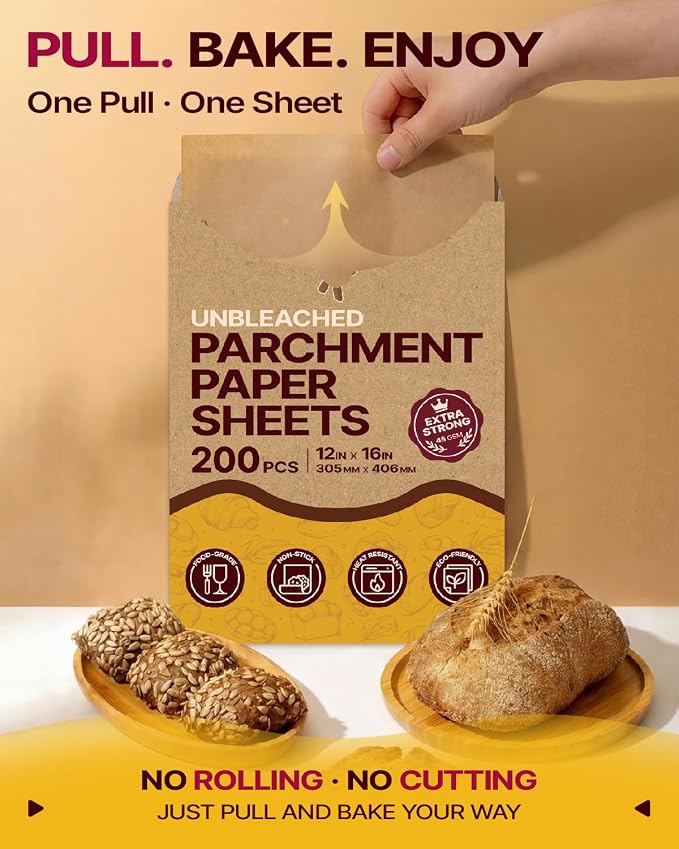 Katbite 200Pcs 12x16 In Unbleached Parchment Paper for Baking, Precut Parchment Paper Sheets, Heavy Duty Flat Baking Paper, Half Sheet Baking Sheets for Baking Cookies, Cooking, Air Fryer, Oven