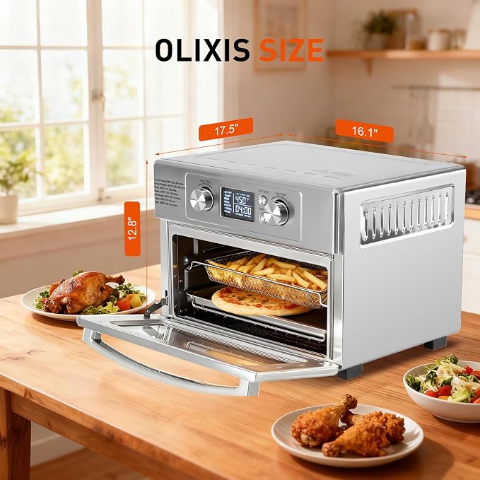 OLIXIS Toaster Oven Countertop, 23QT Air Fryer Toaster Oven Combo, 4-in-1 Bake Toast Broil & Air Fry, Dual Convection, 60-Min Timer with Indicator, 180°F-450°F, Accessories Included, Stainless