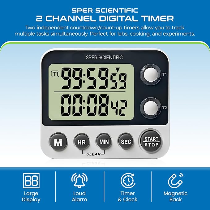 Sper Scientific 2 Channel Digital Lab + Kitchen Timer with Color Coded LED Lights 810002 – Dual Countdown Timer with Large Display, Loud Alarm & Clock Mode - for Cooking, Labs & More - 2 pc