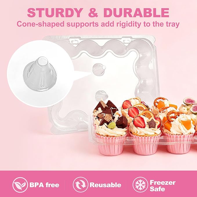 LotFancy (12 Count x 40 Sets) Mini Cupcake Containers with 480 Liners, Clear Plastic Cupcake Boxes Holders, Dozen Disposable Cupcake Carriers with Detachable Lid