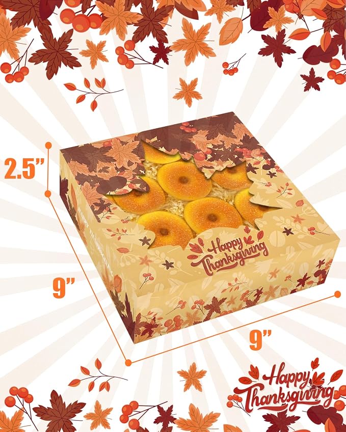 qiqee Thanksgiving Auto-pop Up 12pcs Pie Box with Window 9x9x2.5 Inch Donut Pastry Boxes Pumkin Leaves Bakery Box