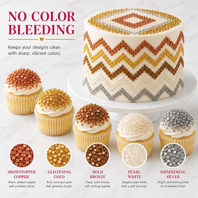 Confect Sparkling Sugar for Baking & Cake Decoration Sugar Assorted pack of 5 Metallic Mania Sparkling Sprinkles Mix Bronze, Gold, Copper Pearl & Sliver | Vegan, Gluten-Free, Soy-Free, Dairy-Free, Palm Oil-Free- 5 oz