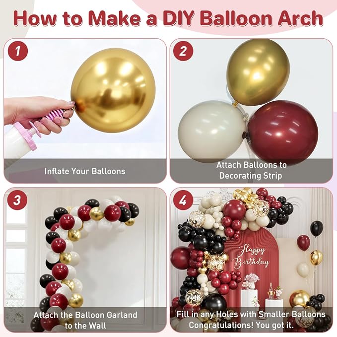 Burgundy Black White Gold Balloon Garland Arch Kit, 167Pcs Latex Maroon Balloons Different Sizes 18 12 10 5 inch for Birthday Graduation Wedding Anniversary Party Decoration