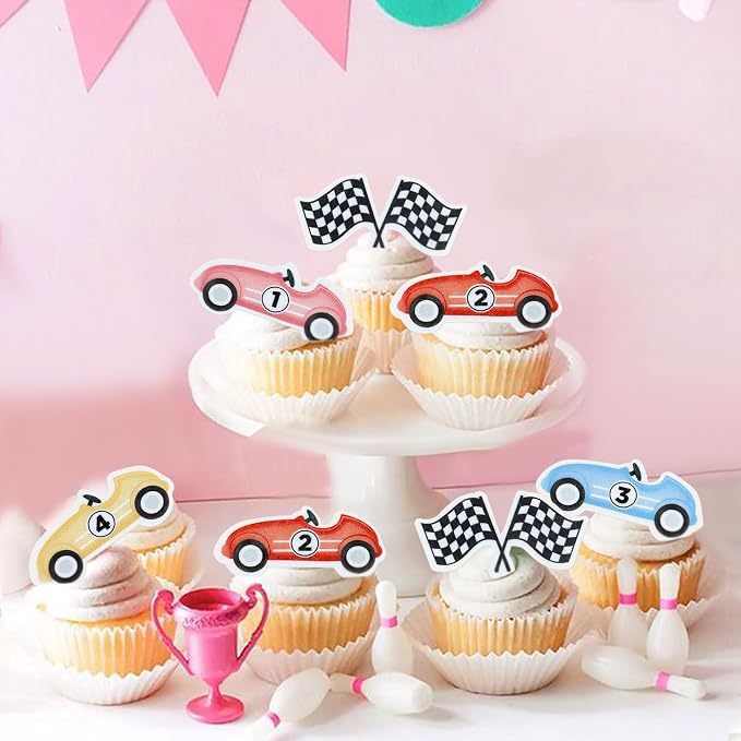 Ercadio 48Pcs Edible Cute Race Car Cupcake Toppers Cherkered Flags Race Cars Cupcake Picks Racing Car Birthday Cake Toppers Baby Shower Funny Birthday Party Decoration Supplies