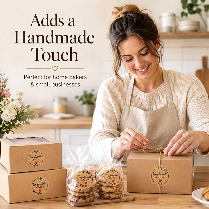 100 Pcs Handmade with Love Stickers, Kraft Paper Bakery Stickers for Bakers & Small Businesses, Packaging Labels for Bread Bags, Treat Bags, Gift Wrapping and Baked Goods 1.7 Inch