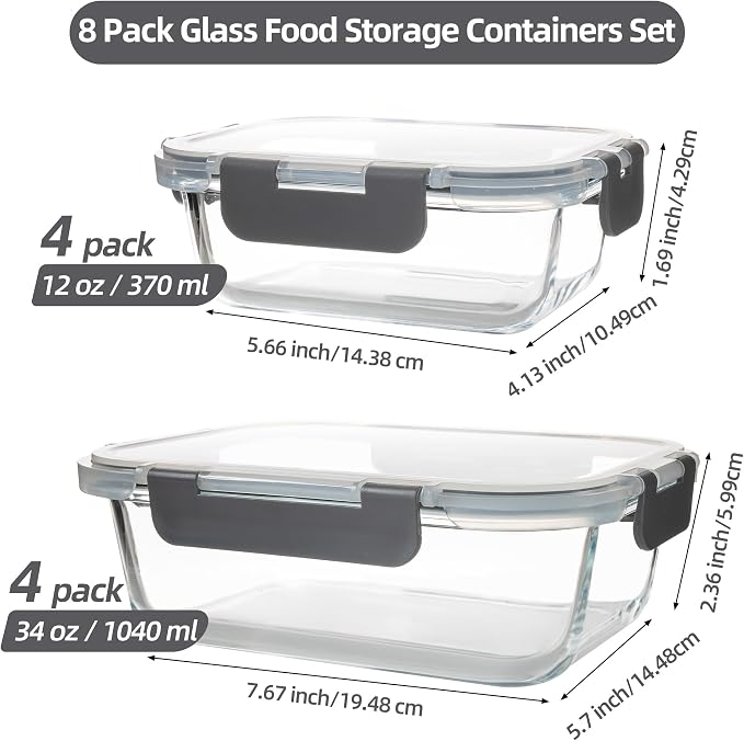 16PCS (8 Bowls + 8 Lids) High Borosilicate Glass Meal Prep Containers, Food Storage Containers with Airtight Lids, Glass Lunch Bento Boxes,Dishwasher Safe, grey