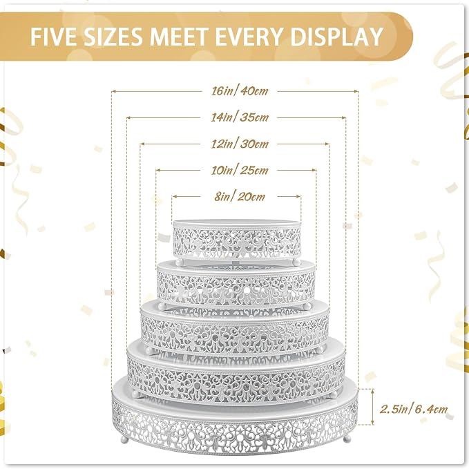 Wenqik 5 Pcs Metal White Cake Stand 16/14/12/10/8 Inch Round Cake Holder Display for Dessert Table Cookies Fruit Serving Tray Cupcake Pastry Riser for Wedding Birthday Party and Events