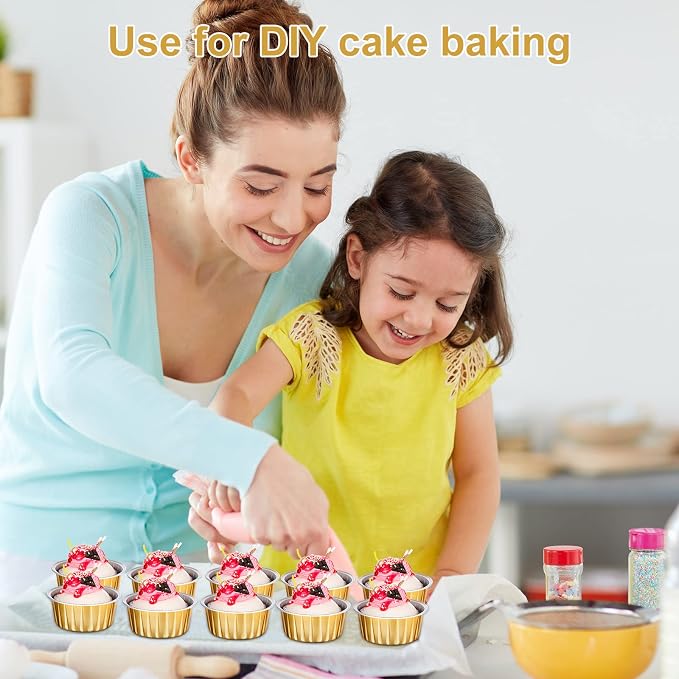 200 Pack Aluminum Foil Cupcake Liners with Lids, 5 oz Round Baking Cup, Disposable Ramekin Container for Graduation Wedding Independence Day Party(Gold,Plain)