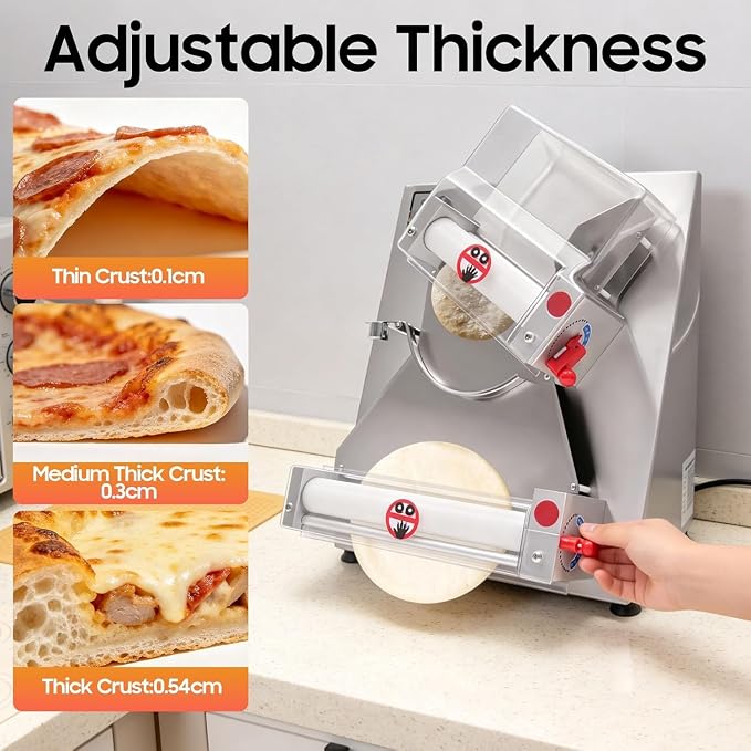4-12" Pizza Dough Roller Sheeter, 110V 370W Automatic Stainless Steel Pizza Press Dual Rollers Press Machine Adjustable Thickness Pastry Sheeter w/Cover for Pie Crusts Pita Breads Tortillas