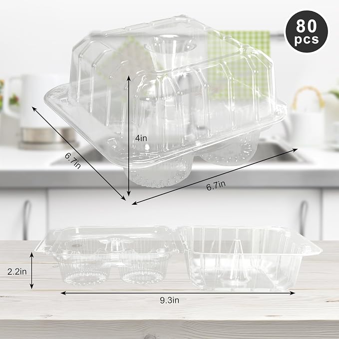 JarThenaAMCS 80 Pack Plastic Cupcake Containers 4-Compartment Clear Boxes Disposable Cupcake Tray Holders 4 Cavity Cupcakes Carriers with Deep Dome for Muffin Packaging