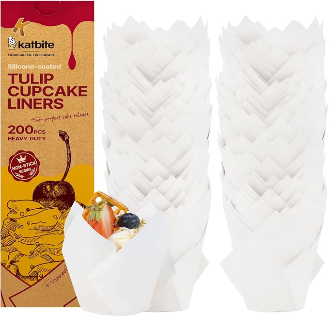Katbite Tulip Cupcake Liners 200PCS, Muffin Baking Cups ProSmooth White