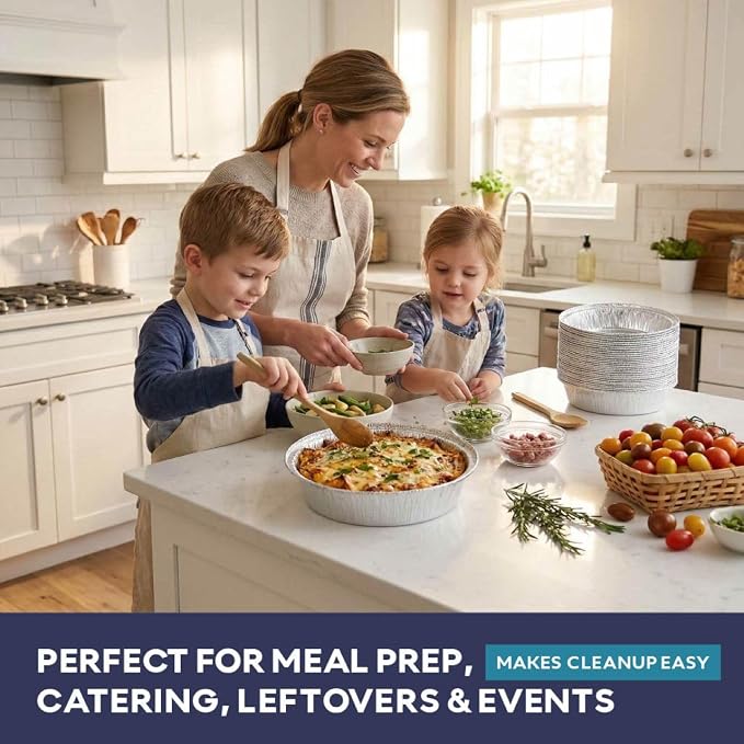 The Name 9" Round 50 Pack Aluminum Foil Pans Disposable Pie Tins, Mini Pans, Tart Baking Trays, Oven/Freezer Safe, Perfect for Apple Pie, Pumpkin Pie, Quiche, Pot Pie, Cobbler, Catering & Food Service