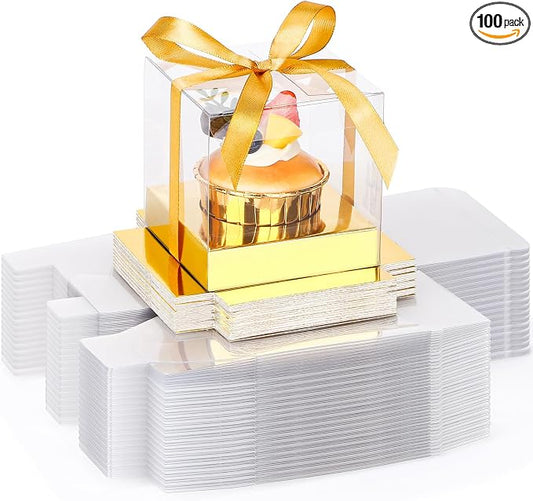 EUSOAR Gold Cupcake Boxes, 100 Packs 3.5 Inch Plastic Individual Clear Cupcake Boxes Containers with Inserts, Pastry Muffins Gift Holder Clear Disposable Cake Carrier Display for Wedding Party Bakery
