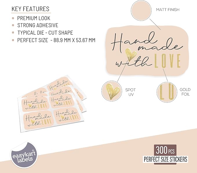 300 Handmade with Love Stickers in Sheets | 1.75" x 2.75" Special Cut Size | Typical Shape Design with Gold Foil and Light Peach Background | Highly Recommended for Small Business Owners (1 Pack)