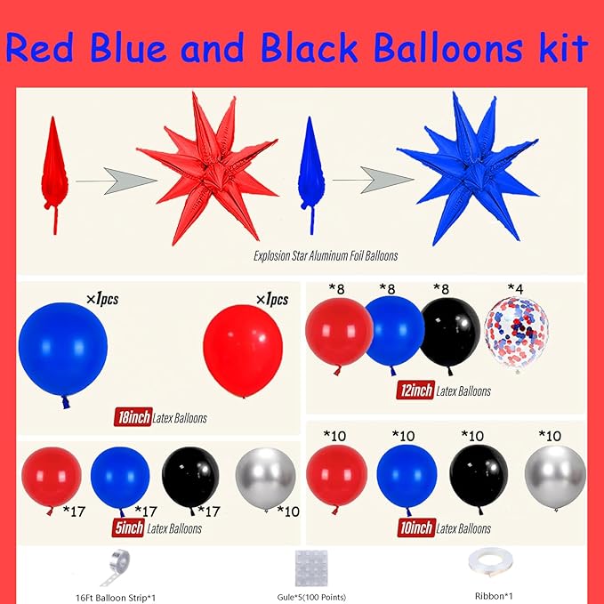 Bonropin 159pcs Black Red and Blue Balloons Arch Garland Kit, Spider Theme Balloon Arch with Explosion Star Balloons for Men Baby Shower Spider Theme Birthday Party Decorations