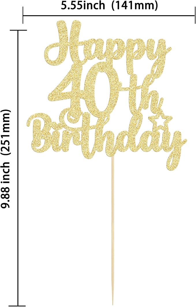 Gyufise 1Pc Happy 40th Birthday Cake Topper Glitter Cheers to 40 Years Old 40th Birthday Cake Pick for Celebrating 40th Birthday Anniversary Party Cake Decorations Supplies Gold