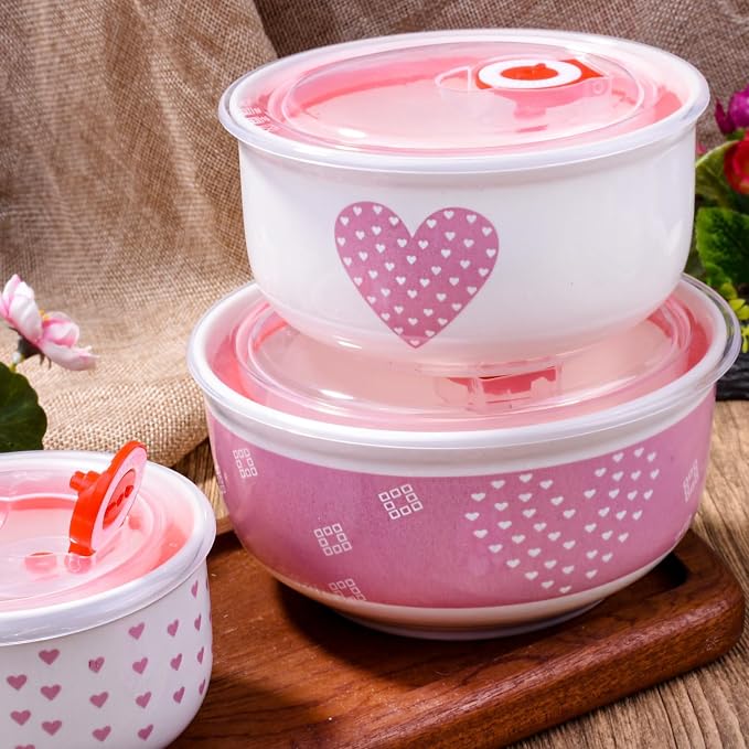 Pink Heart Ceramic Nesting Food Storage Bowls with Lids, Set of 3, Cute Mixing Bowls for Meal Prep, Serving, and Storage, Microwave & Dishwasher Safe