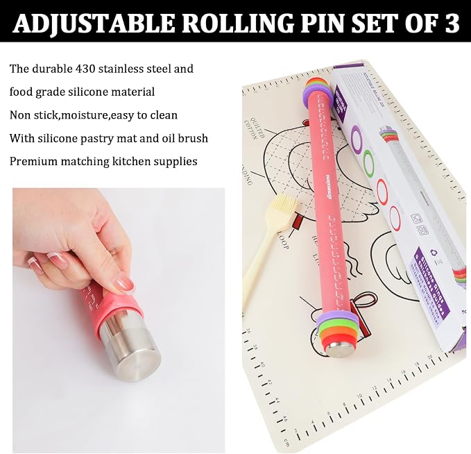 3 Pcs Adjustable Rolling Pin Set with Thickness Rings,15 Inch Silicone Rolling Pin for Dough,Non Stick Baking Roller for Cookies, Pizza, Pie Crust, Pastry, Fondant, Pasta, Kitchen Baking Tool
