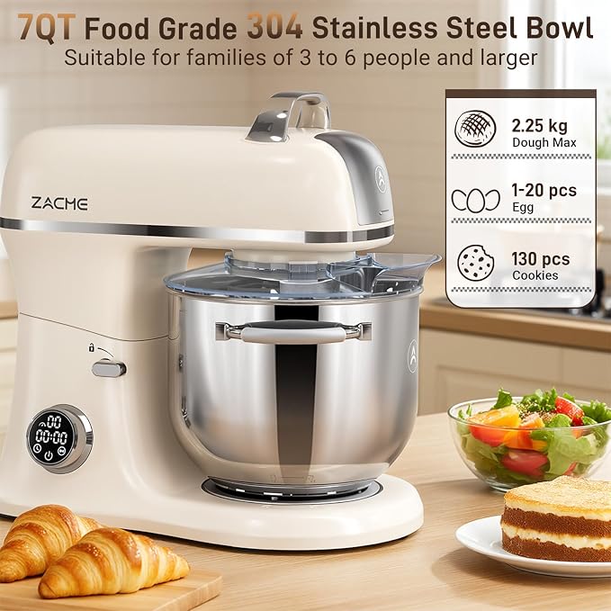 ZACME 7 Quart Stand Mixer Aluminum Die Casting, 650W 12 Speed Tilt-Head Kitchen Electric Stand Mixer, Household Food Mixer with Stainless Steel Bowl, Dough Hook, Whisk and Beater (Cream)