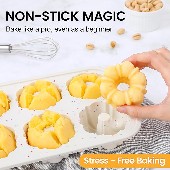 CAKETIME Mini Fluted Tube Pan with Metal Reinforced Frame, 6-Cavity Silicone Nonstick Small Cake Molds 3Pcs for Chocoflan, Donuts, Cornbread, Brownies, Jellies BPA Free