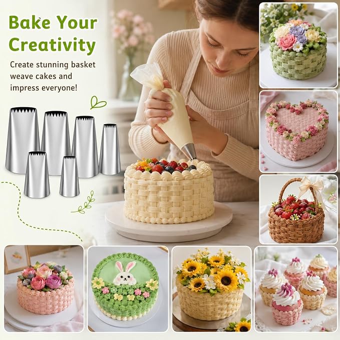 5 Pcs Basketweave Piping Tips Set, 3D, 1D, 895, 48, 47, Stainless Steel Cake Decorating Tips, Frosting Icing Nozzles for Cupcakes, Cakes, Cookies