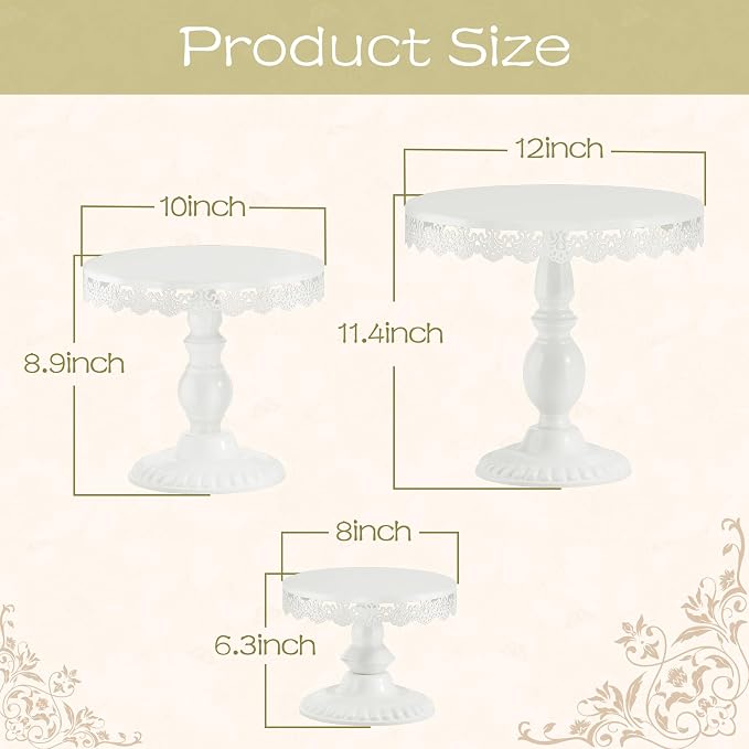 3 PCS White Cake Stands (8"&10"&12" Plate), Cupcake Stand with a lace Hollow Border Metal Cake Stand Set for Birthday Party, Wedding, Anniversary, Baby Shower