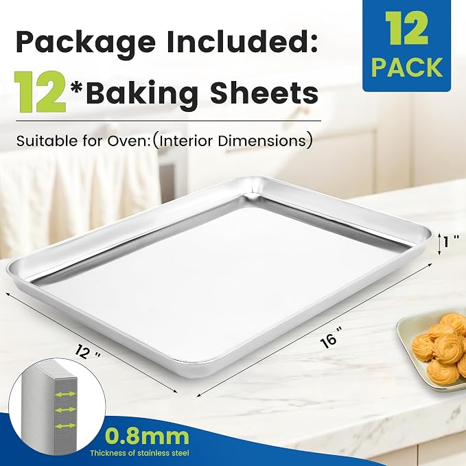 BIEAMA 12 Pack Stainless Steel Toaster Oven Baking Sheets, 16 x 12 in | Stainless steel pans with no chemical coating, mirror-polished finish and rolled edges; dishwasher safe, oven safe to 500°F.