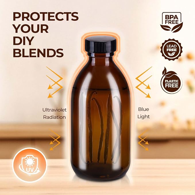 24 Pack 8 OZ Amber Glass Bottles with Lids, Leakproof Glass Bottles for Vanilla extract, Shampoo, Tinctures, Essential Oils, Homemade Hot Sauce, Syrup, Boston Round Brown Bottle
