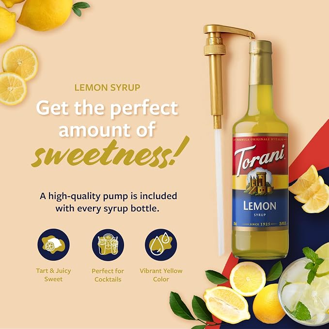Torani Lemon Syrup for Drinks, Flavoring for Iced Tea, Sodas, and Cocktails, Glass Bottle with Pump Included, 25.4 Fl Oz