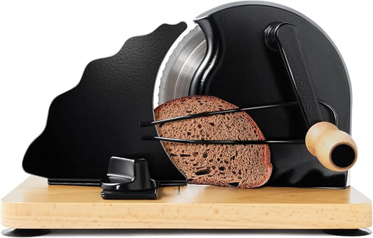 Manual Bread Slicer for Homemade Bread, Stainless Steel Slicers Serrated Blade Design, Adjustable Slice Thickness with Metal Guide, Hand Crank Bread Slicer with Scale Line and Suction Cup(Black)