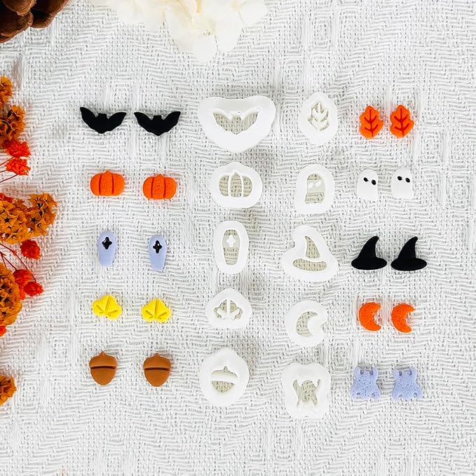 Xaekicr Halloween Polymer Clay Cutters Set - 10Pcs Clay Cutters for Polymer Clay Jewelry, Small Size Clay Tools for Earrings DIY, Fall Pumpkin Bat Witch Hat Molds