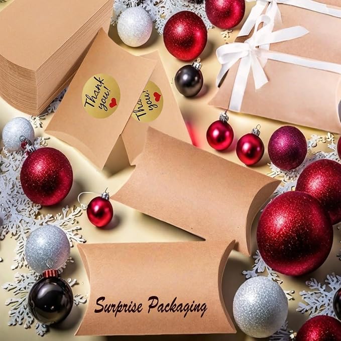 50 Pcs Kraft Paper Pillow Gift Boxes,3.5x2.6 Inch Mini Folding Treat Boxes, Creative Favor Box Folding Treat Boxes for Bakery, Candy, Jewelry, Wedding & Party Favors((Yellow-1)