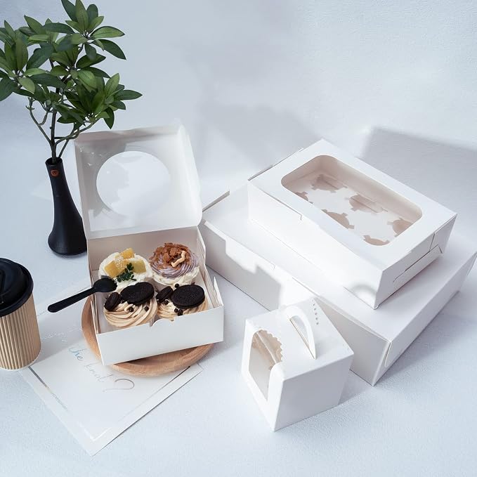 Yeplan 50 Packs Cupcake Boxes,9.4x6.1x3.14 Inches 6 Count Cupcake Box,White Cupcake Containers with Clear Window and Six Treat Holder,Pastry and Cookie Boxes,Bakery Boxes