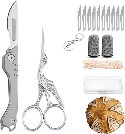 Bread Lame Dough Scoring Tool, Bread Scoring Tool Kit, sourdough scissors, suitable for baking sourdough and regular bread, comes with 100 inches of cotton string and 10 bread blades.