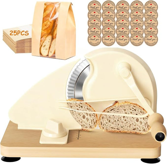 Manual Bread Slicer for Homemade Sourdough Bread with 25 Set Paper Bread Bags, Adjustable Thickness, Hand Crank Sourdough Bread Slicer with Stainless Steel Blade, Suction Cup and Guide Rail