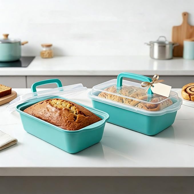 2 Pack 9x5 Inch Loaf Pan with Lid, Nonstick Bread Pans for Baking | Bake, Store & Carry, Heavy Duty Carbon Steel, Perfect for Banana Bread, Homemade Bread & Meatloaf, PFOA-Free