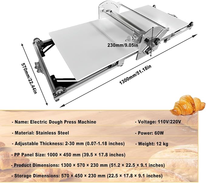 Electric Dough Roller Machine, Folding Pastry Dough Sheeter Machine,40x17.7in Sheeter Board 1 0.07 To1.18 Adjustable Thickness, Forward & Reverse Rolling, for Puff & Fondant Pastry