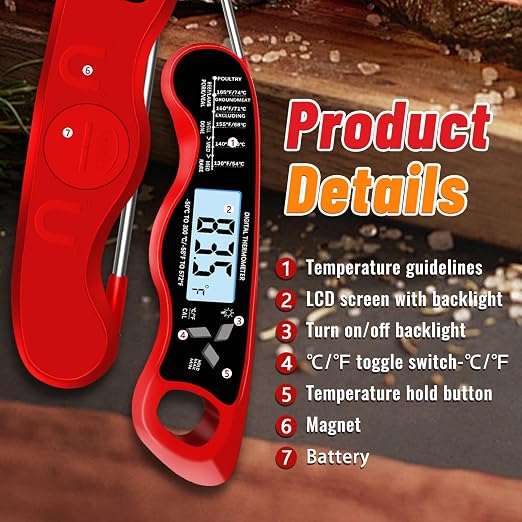 Meat Thermometer, IP67 Waterproof Digital Meat Thermometer with Backlight, Hold Function & Magnet for Grill, BBQ, Candy, Beef,Turkey