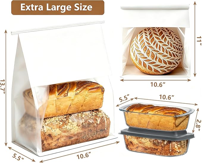 50 Pack Extra Large Paper Bread Bags for Homemade Bread Sourdough Bags, 13.7x10.6x5.5 Inches Resealable Tin Tie Tab Lock Bakery Loaf Bag with Window, Baked Goods Packaging for Gifting and Bake Sale