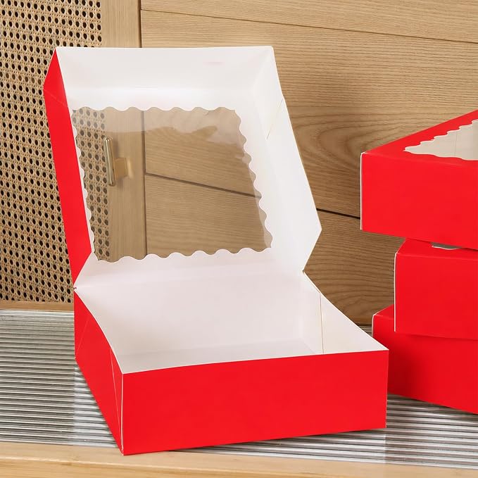 24 pcs Red Pie Boxes,12x12x3 Inch Auto-Popup Bakery Boxes with Window Donuts Chocolate Muffins Donuts Pastry Dessert Cookie Box For Packaging