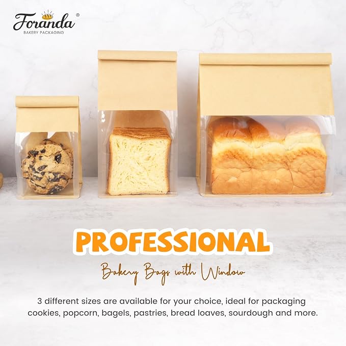 50 Pack Cookie Packaging Bags, 3.9x3.1x8.2 Inches Small Bakery Bags with Window Tin Tie Tab Lock Resealable Paper Treat Bag for Baked Goods Gift Giving and Bake Sale | Thick Material
