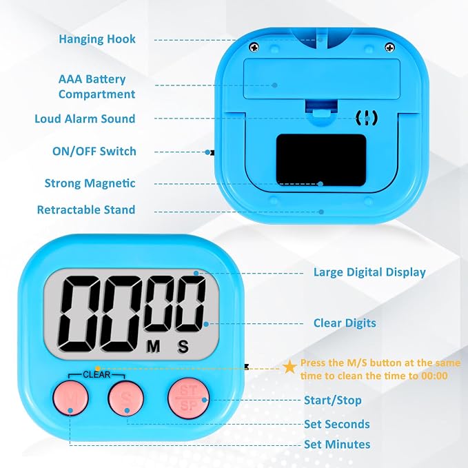 ZILLEEN 12 Pack Kitchen Timers for Cooking Digital Classroom Timers for Kids Teachers Blue Green Pink