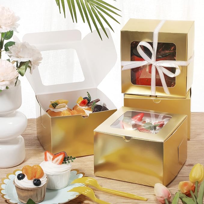 Thenshop 50 Pcs Bakery Boxes with Window 6 x 6 x 4 Inch Small Treat Containers Cookie Pastry Boxes Mini Cake Containers for Cookies, Pastry, Cupcakes, Dessert, Pie, Muffin, Donuts(Gold)